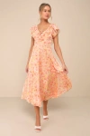 Lulus Pristine Darling Peach Floral Ruffled Lace-up Midi Dress In Peach