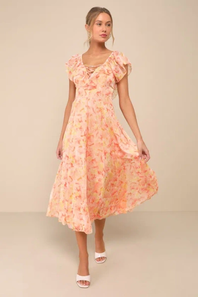Lulus Pristine Darling Peach Floral Ruffled Lace-up Midi Dress