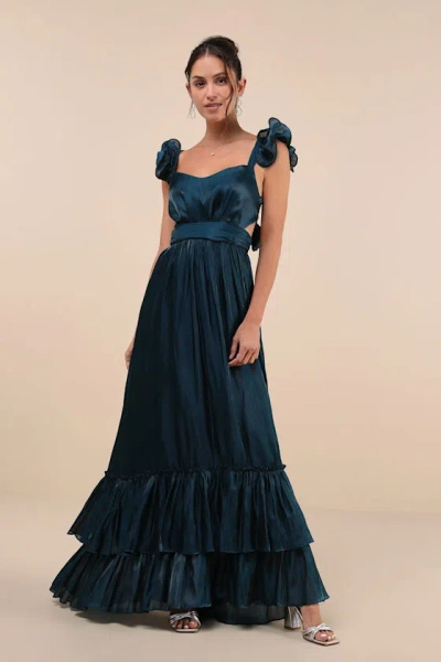 Lulus Pristine Glow Dark Teal Ruffled Tie-back Maxi Dress