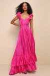 Lulus Pristine Glow Magenta Pink Ruffled Tie-back Maxi Dress In Magenta