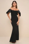 Lulus Pristine Sensation Black Bow Off-the-shoulder Maxi Dress In Black