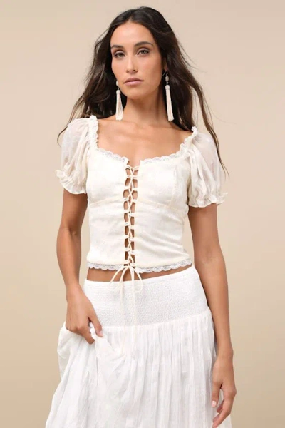 Lulus Pristine Sweetness Cream Floral Jacquard Lace-up Crop Top In White