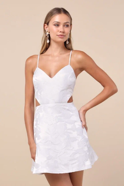 Lulus Pristinely Pretty White Jacquard Cutout Bow Mini Dress