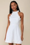 Lulus Profound Poise White Linen 3d Floral Mock Neck Mini Dress In White