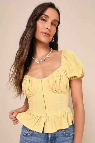 Lulus Profoundly Precious Light Yellow Linen Puff Sleeve Bustier Top