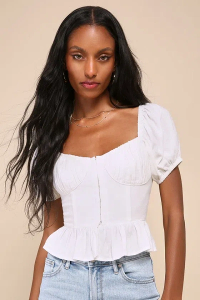 Lulus Profoundly Precious White Linen Puff Sleeve Bustier Top