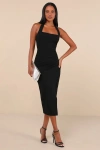 Lulus Prominent Charm Black Halter Bodycon Tulip Midi Dress In Black
