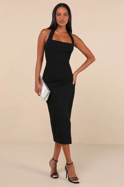 Lulus Prominent Charm Black Halter Bodycon Tulip Midi Dress