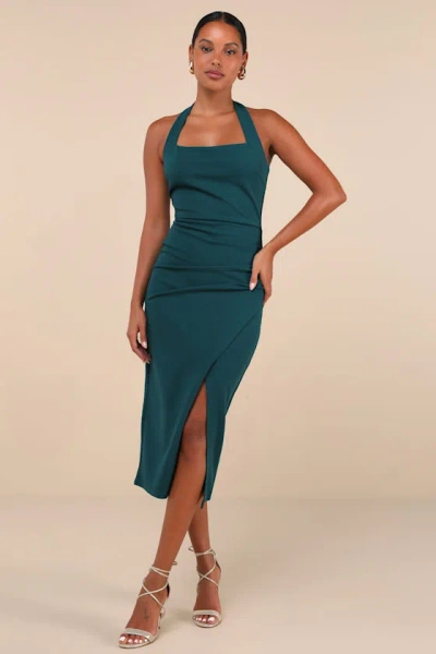 Lulus Prominent Charm Emerald Halter Bodycon Tulip Midi Dress In Green