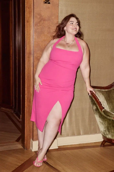 Lulus Prominent Charm Fuchsia Halter Bodycon Tulip Midi Dress In Pink