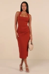 Lulus Prominent Charm Rust Brown Halter Bodycon Tulip Midi Dress In Rust Brown