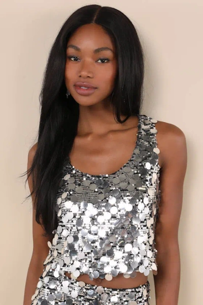 Lulus Prominent Sparkle Silver Sequin Cropped Tank Top