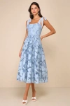 LULUS PROOF OF PERFECTION BLUE FLORAL TIERED TIE-STRAP MIDI DRESS