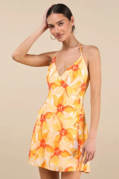 Lulus Prue Orange Floral Halter Mini Dress