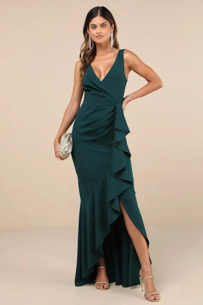 Lulus Pure Loveliness Emerald Pleated Ruffled High-low Maxi Dress In Green