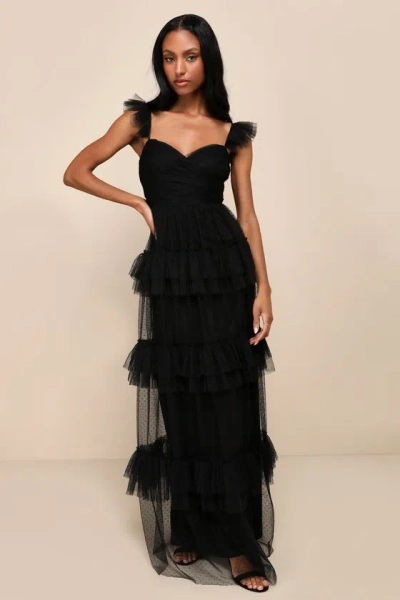Lulus Pure Radiance Black Mesh Swiss Dot Backless Tiered Maxi Dress