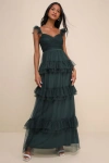 Lulus Pure Radiance Emerald Green Mesh Swiss Dot Tiered Maxi Dress In Emerald Green