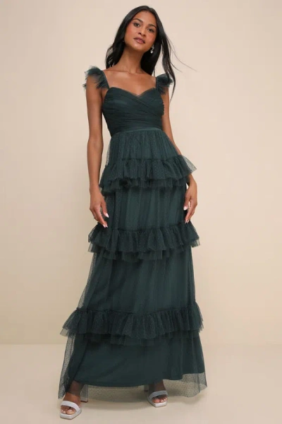 Lulus Pure Radiance Emerald Green Mesh Swiss Dot Tiered Maxi Dress