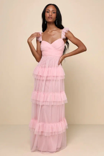 Lulus Pure Radiance Pink Mesh Swiss Dot Backless Tiered Maxi Dress