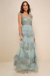 Lulus Pure Radiance Sage Brush Mesh Swiss Dot Tiered Maxi Dress In Green
