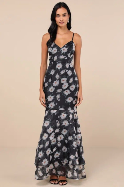 Lulus Pure Splendor Black Floral Organza Trumpet Maxi Dress