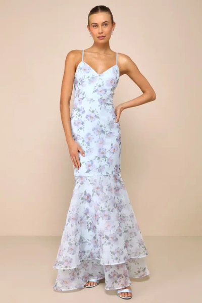 Lulus Pure Splendor Light Blue Floral Organza Trumpet Maxi Dress