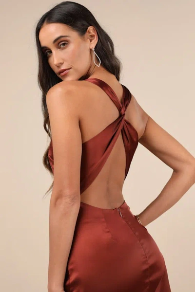 Lulus Purely Elegant Rust Brown Satin Twist-back Maxi Dress