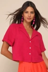 Lulus Purest Charm Magenta Collared Button-up Short Sleeve Top In Magenta