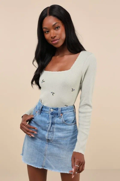 Lulus Quaint Poise Sage Ribbed Embroidered Long Sleeve Sweater Top In Green