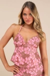 Lulus Quintessa Pink Floral Crochet Lace Backless Halter Top In Animal Print