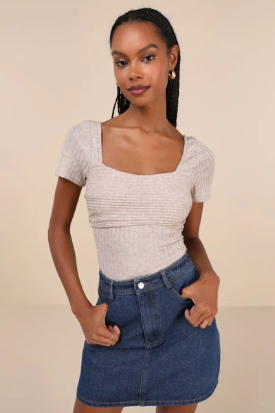 Lulus Quintessential Muse Heather Beige Ribbed Short Sleeve Top