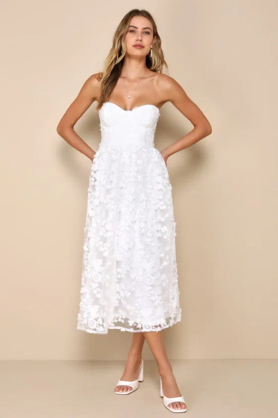 Lulus Quite Perfect White Floral Embroidered Strapless Midi Dress