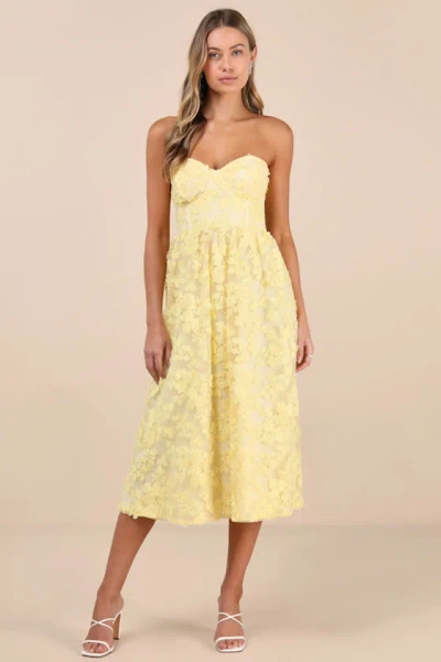 Lulus Quite Perfect Yellow Floral Embroidered Strapless Midi Dress