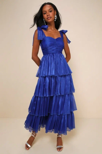 Lulus Radiant Arrival Shiny Blue Organza Tiered Tie-strap Maxi Dress