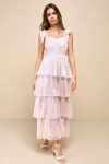 Lulus Radiant Arrival Shiny Pink Organza Tiered Tie-strap Maxi Dress In Pink