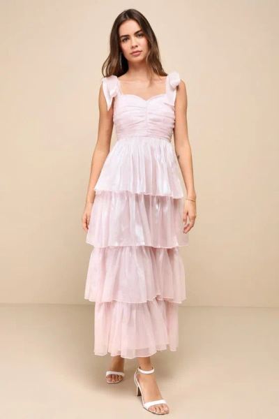 Lulus Radiant Arrival Shiny Pink Organza Tiered Tie-strap Maxi Dress