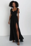 Lulus Radiant Charisma Black Chiffon Ruched Tie-strap Maxi Dress In Black