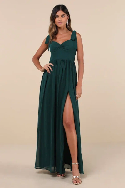 Lulus Radiant Charisma Emerald Chiffon Ruched Tie-strap Maxi Dress In Green