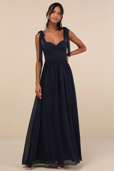 Lulus Radiant Charisma Navy Chiffon Ruched Tie-strap Maxi Dress