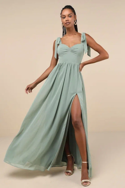 Lulus Radiant Charisma Sage Brush Chiffon Ruched Tie-strap Maxi Dress In Green