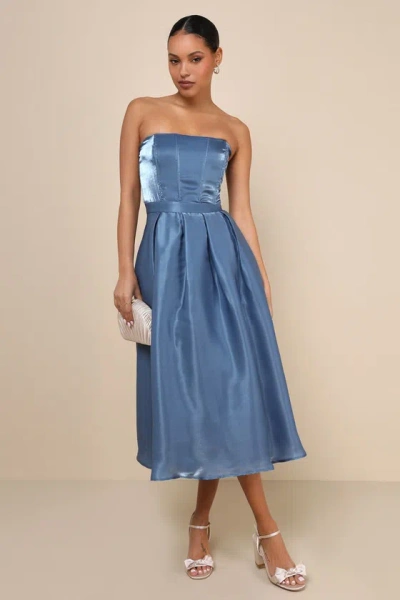 Lulus Radiant Direction Slate Blue Strapless Midi Dress With Pockets