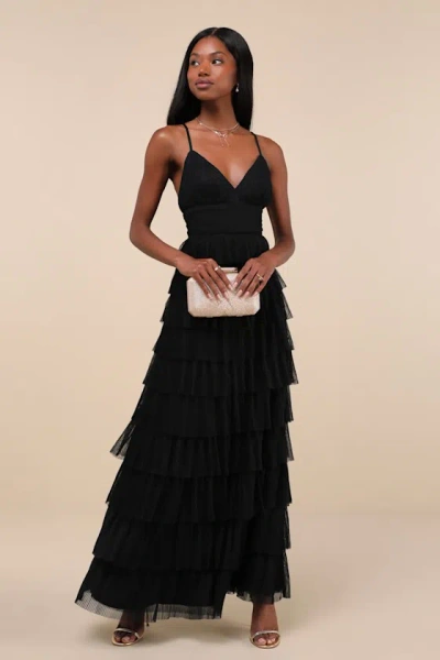 Lulus Radiant Event Black Mesh Tiered Pleated Backless Maxi Dress