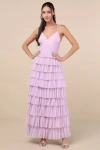 Lulus Radiant Event Lavender Mesh Tiered Ruffled Backless Maxi Dress In Purple