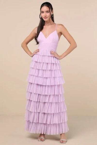 Lulus Radiant Event Lavender Mesh Tiered Ruffled Backless Maxi Dress In Purple