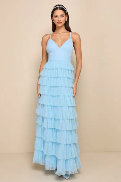 Lulus Radiant Event Light Blue Mesh Tiered Pleated Backless Maxi Dress