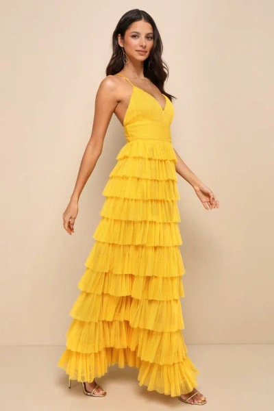 Lulus Radiant Event Yellow Mesh Tiered Ruffled Backless Maxi Dress