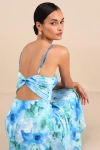 Lulus Radiant Feelings Blue And Green Floral Chiffon Midi Dress In Blue And Green