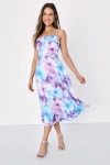 Lulus Radiant Feelings Blue And Purple Chiffon Floral Midi Dress In Blue