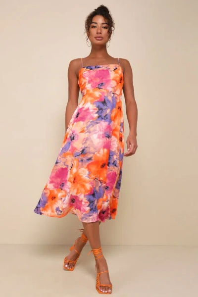 Lulus Radiant Feelings Orange And Purple Floral Chiffon Midi Dress