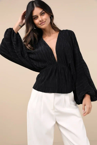 Lulus Radiant Flirt Black Satin Plisse Long Sleeve Top